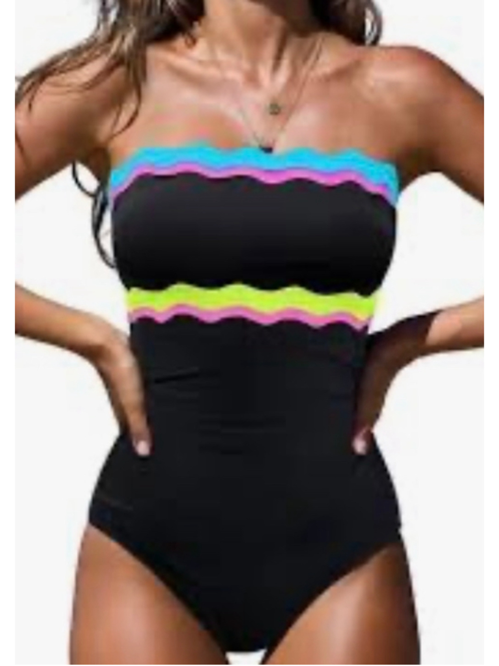 Popvil L NWT Bandeau One-Piece Swimsuit Neon strapless black
